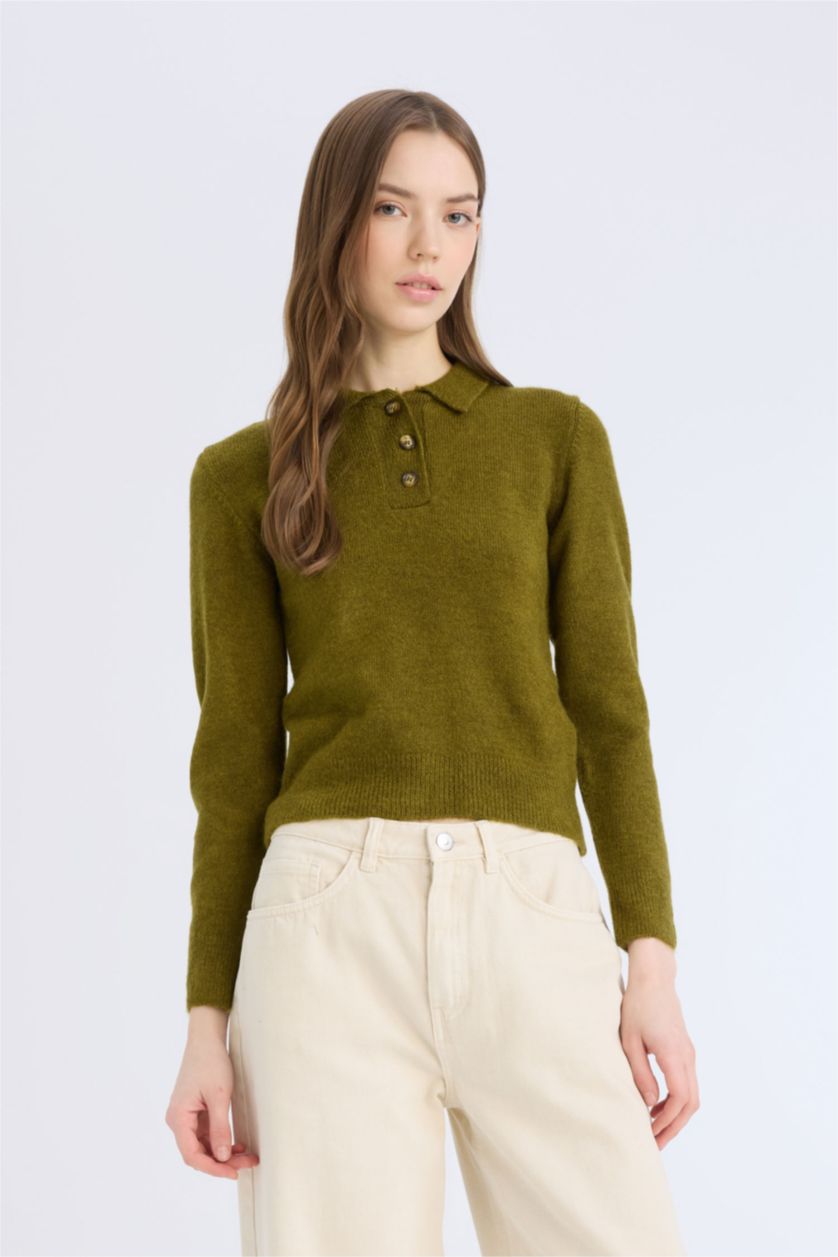 Woman Khaki Slim Fit Polo Collar Knitwear Pullover
