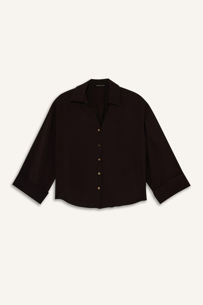 Woman Brown Loose Fit Shirt Collar Sensual Long Sleeve Shirt