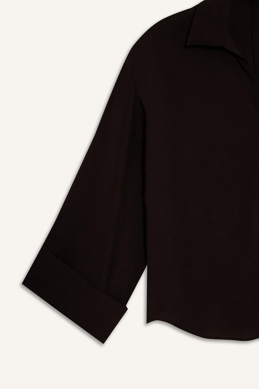 Woman Brown Loose Fit Shirt Collar Sensual Long Sleeve Shirt