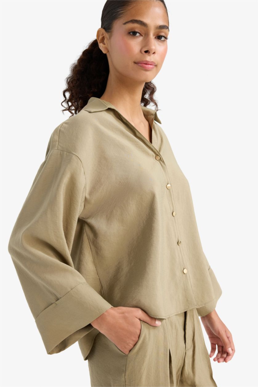 Женщины Хаки Рубашка свободного кроя с длинными рукавами и воротником