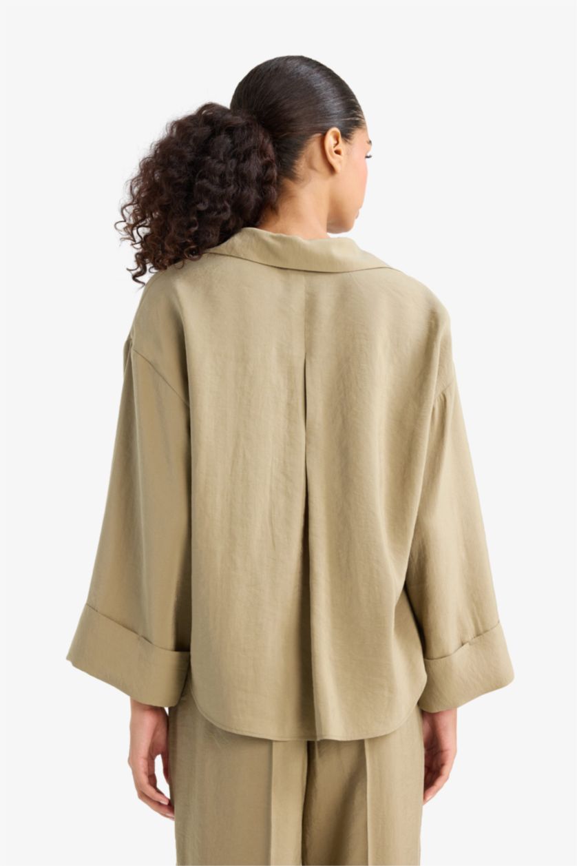 Женщины Хаки Рубашка свободного кроя с длинными рукавами и воротником