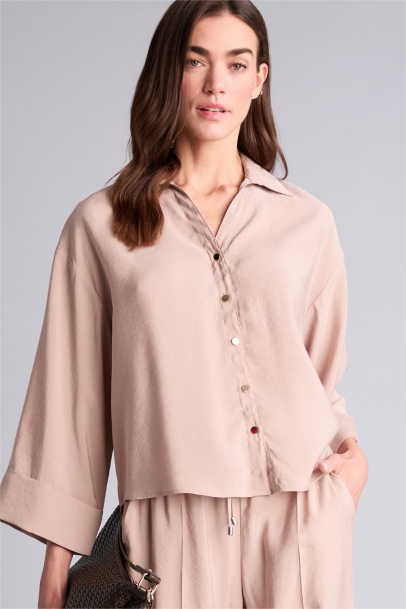 Kadın Kum Loose Fıt Tencel Gömlek