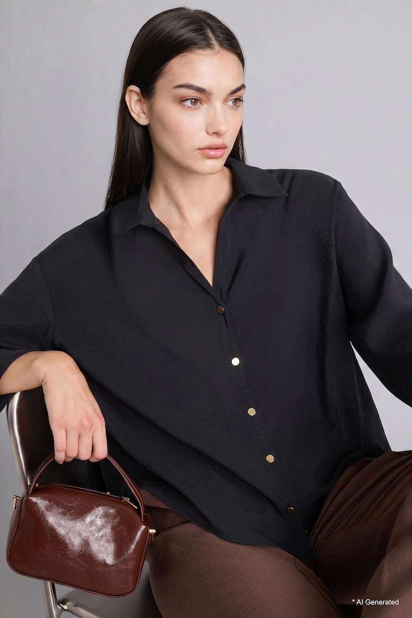 Women Black Loose Fit Shirt Collar Sensual Long Sleeve Shirt