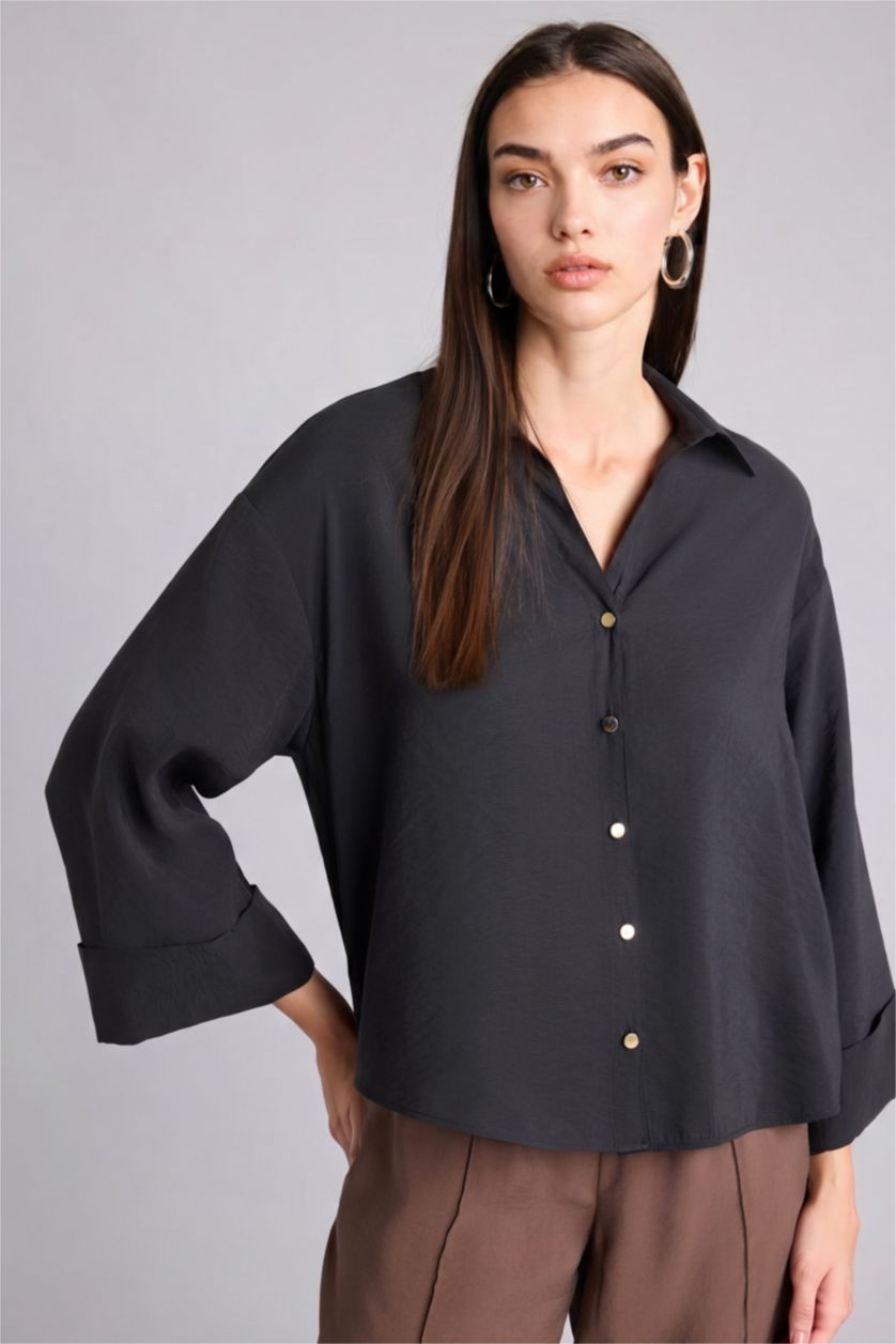 Kadın Siyah Loose Fit Uzun kollu Tencel Gömlek