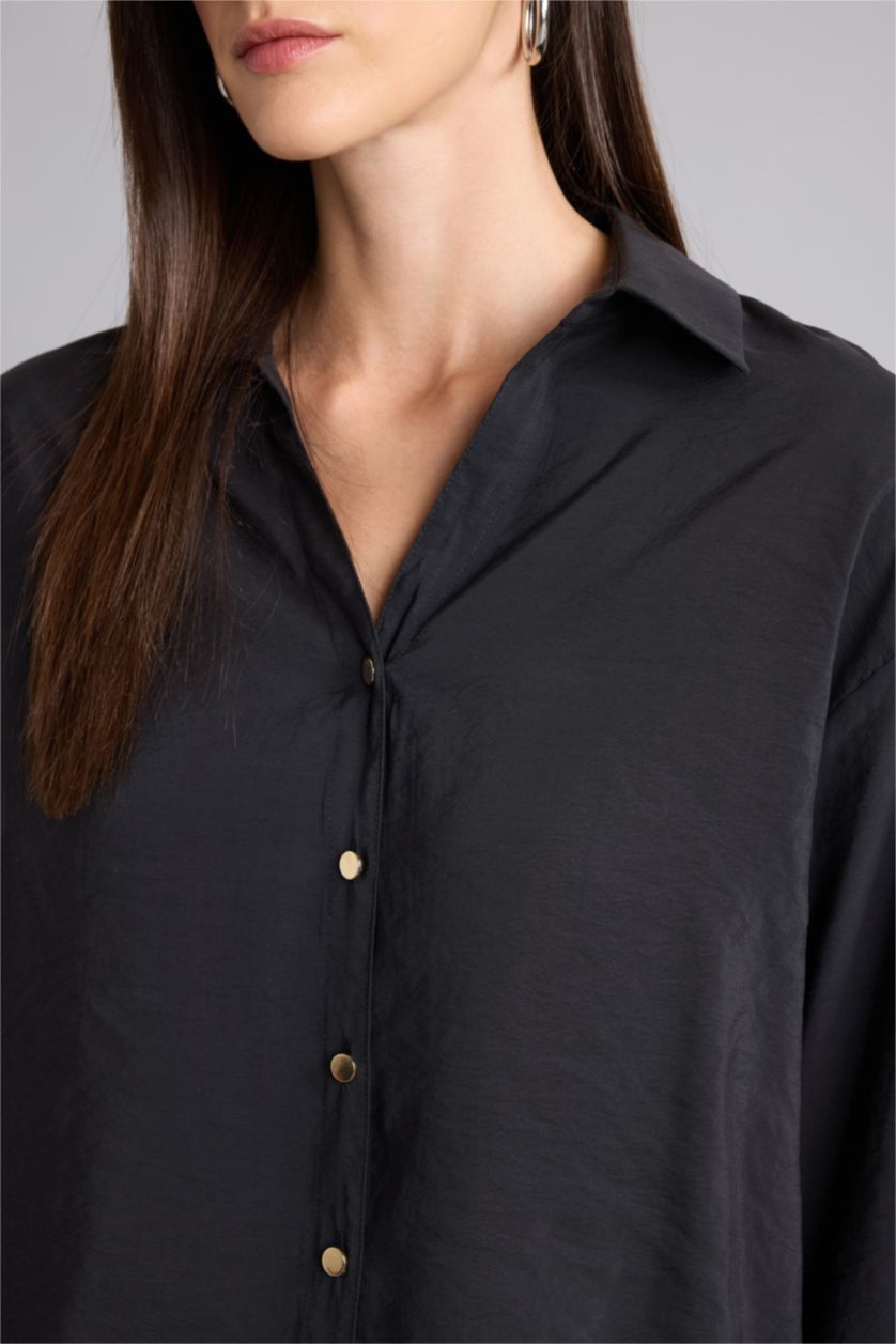 Kadın Siyah Loose Fit Uzun kollu Tencel Gömlek