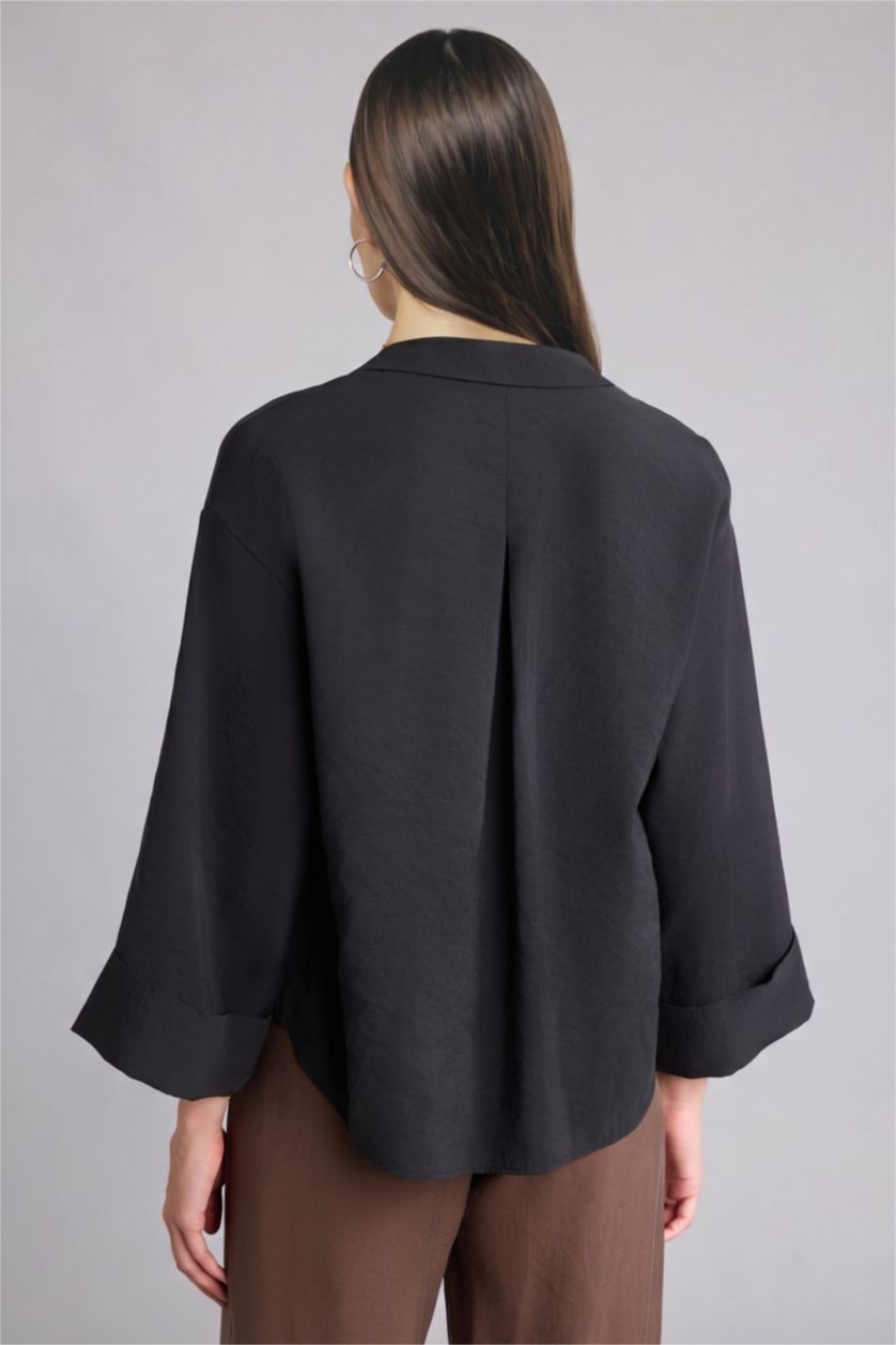 Kadın Siyah Loose Fit Uzun kollu Tencel Gömlek