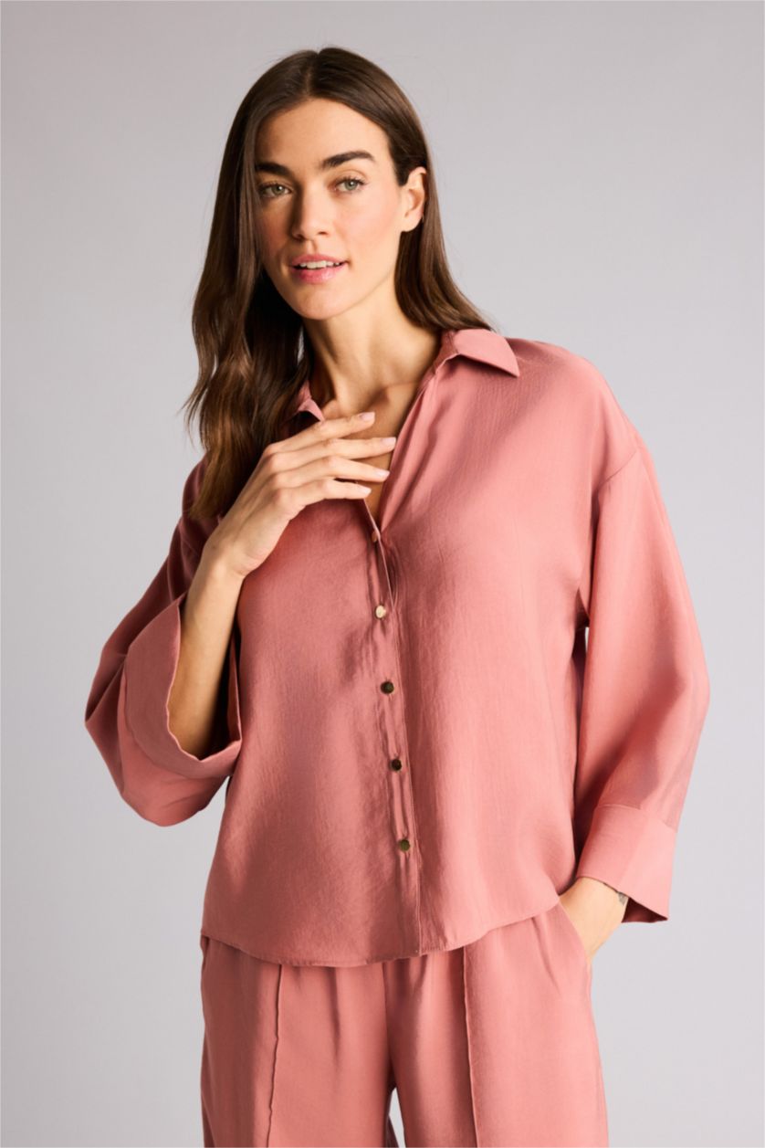 Kadın Gülkurusu Loose Fıt Gömlek Yaka Tencel Uzun Kollu Gömlek