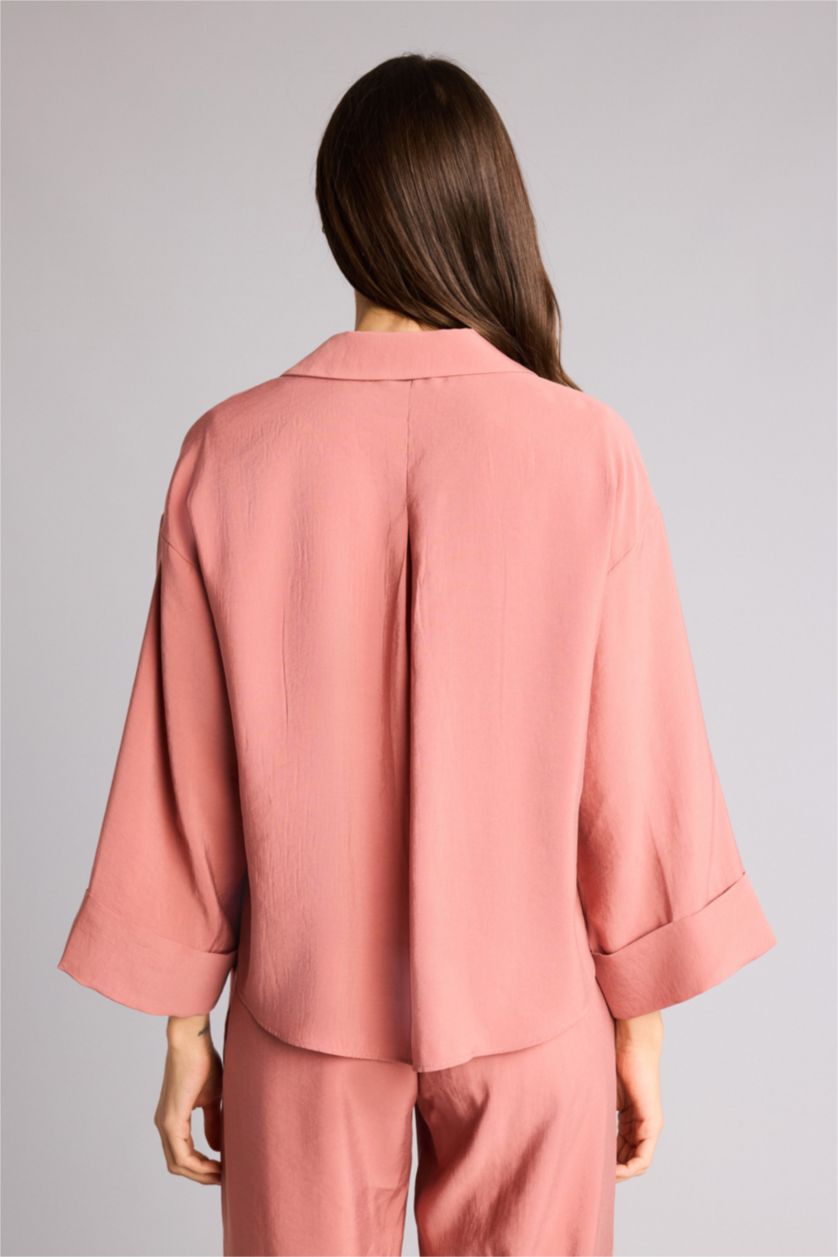 Kadın Gülkurusu Loose Fıt Gömlek Yaka Tencel Uzun Kollu Gömlek