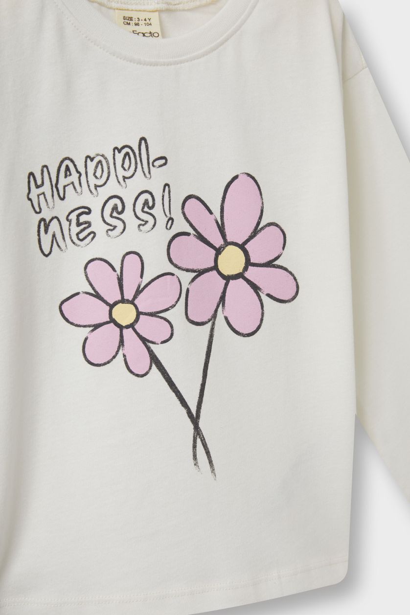 Baby Girl Ecru Baby Girl Crew Neck Floral Long Sleeve T-Shirt