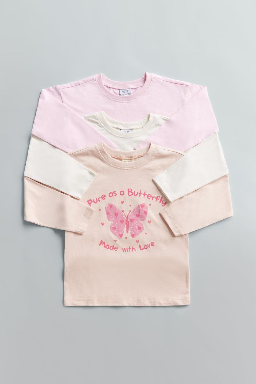 طفلة صغيرة زهري تيشيرت بيبي بنات كم طويل برسمة فراشة قصة عادية برقبة مستديرة