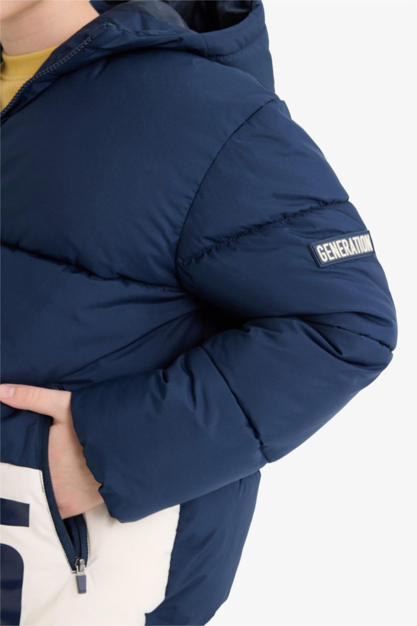 Erkek Çocuk - Genç Erkek Lacivert Su Geçirmez Kapüşonlu Fermuarlı Şişme Mont Erkek Çocuk