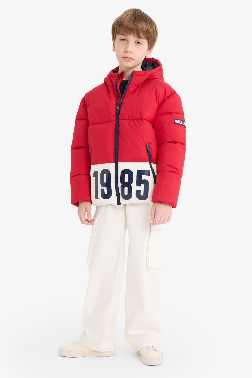 Erkek Çocuk - Genç Erkek Kırmızı Su Geçirmez Kapüşonlu Fermuarlı Şişme Mont Erkek Çocuk