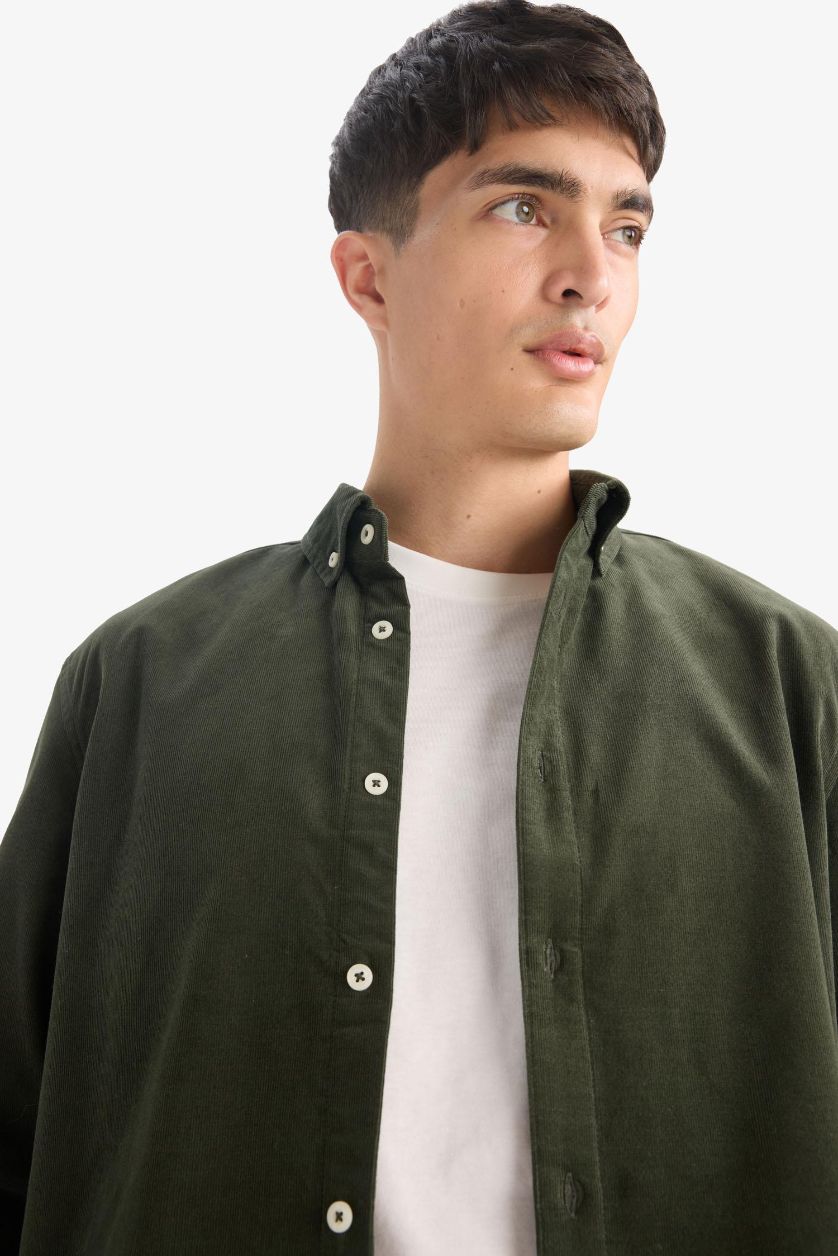 Erkek Koyu Haki %100 Pamuk Kadife Gömlek