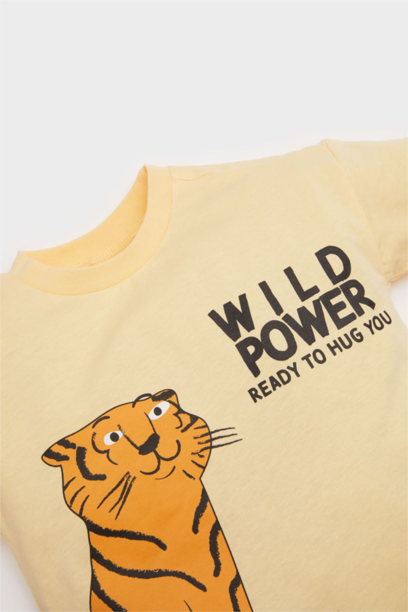 BABY BOY Light Yellow Baby Boy Tiger Printed T-Shirt Elastic Waist Shorts 2 Piece Set