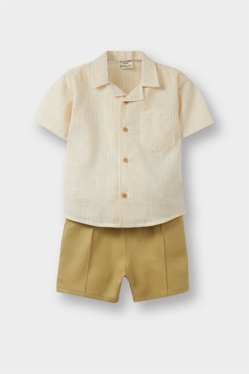 Erkek Bebek Açık Haki 2'li Takım Flamlı Pamuk Kısa Kollu Gömlek Şort Erkek Bebek