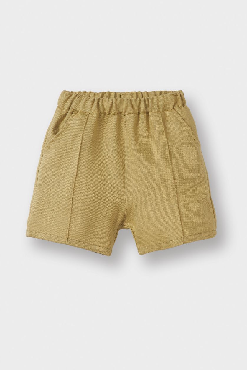 Erkek Bebek Açık Haki 2'li Takım Flamlı Pamuk Kısa Kollu Gömlek Şort Erkek Bebek