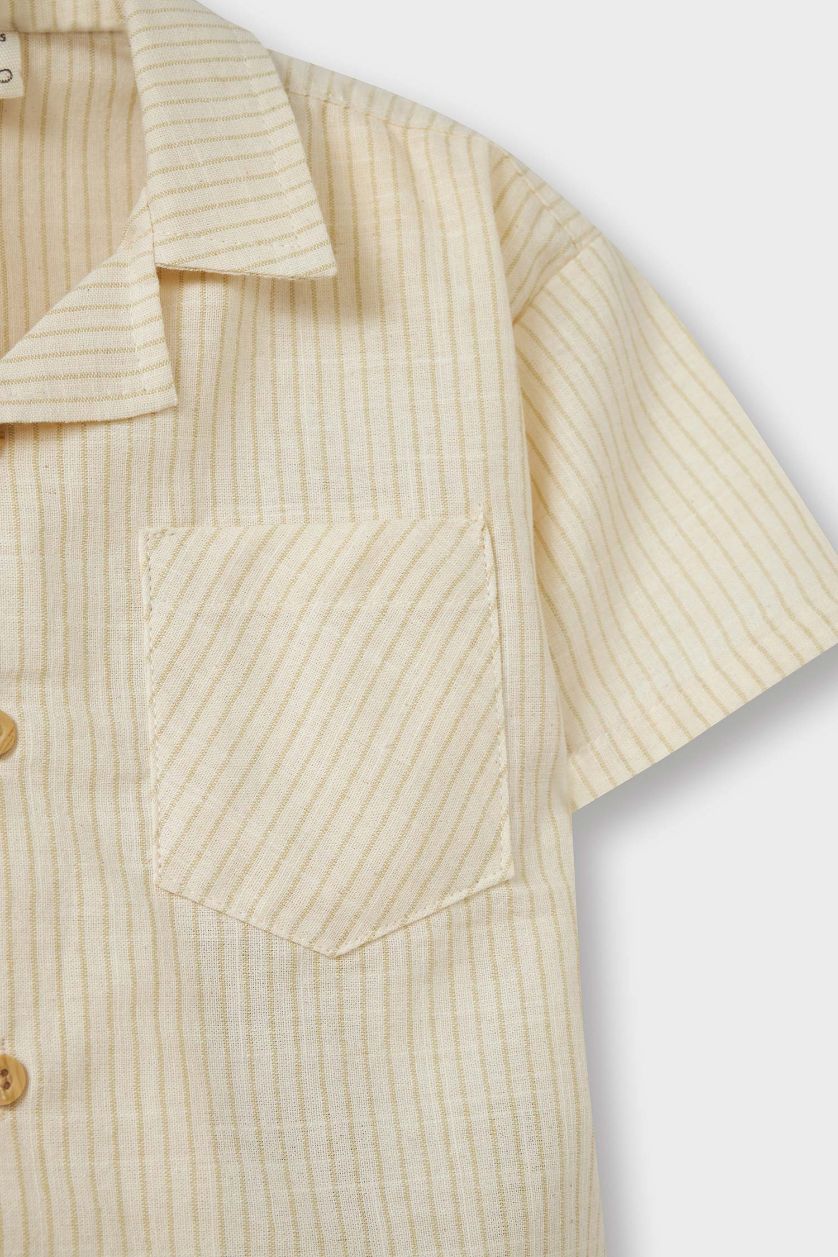 Erkek Bebek Açık Haki 2'li Takım Flamlı Pamuk Kısa Kollu Gömlek Şort Erkek Bebek