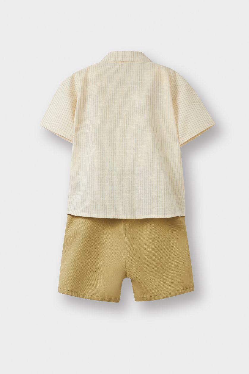 Erkek Bebek Açık Haki 2'li Takım Flamlı Pamuk Kısa Kollu Gömlek Şort Erkek Bebek