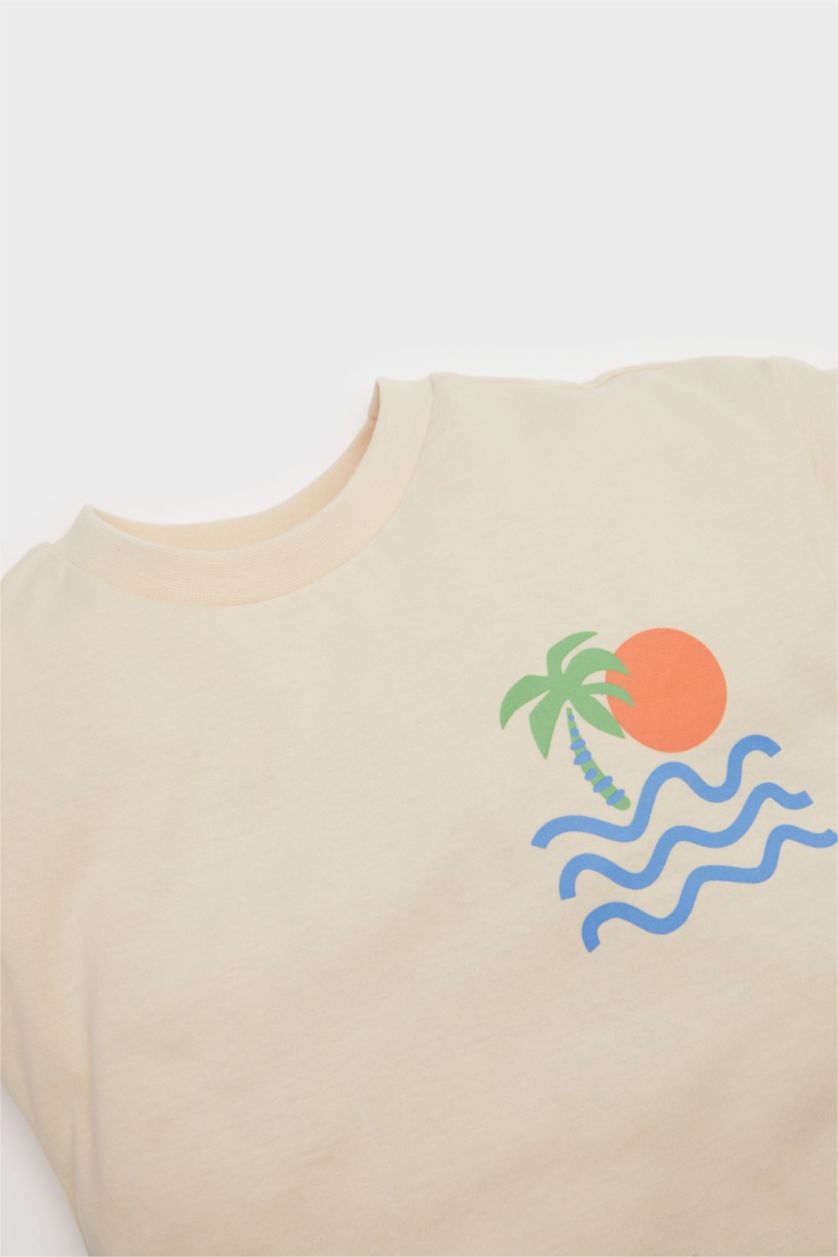 Erkek Bebek Bej 2'li Takım Baskılı Kısa Kollu Tişört Beli Lastikli Şort Erkek Bebek