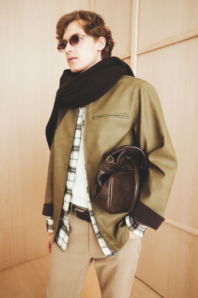 Man Khaki Regular Fit Faux Leather Zippered Jacket