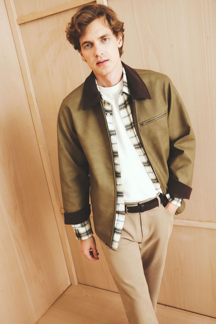 Man Khaki Regular Fit Faux Leather Zippered Jacket