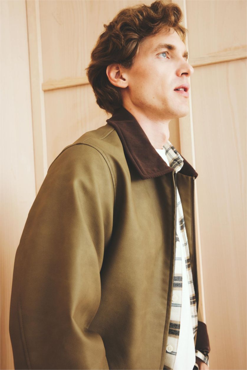 Man Khaki Regular Fit Faux Leather Zippered Jacket