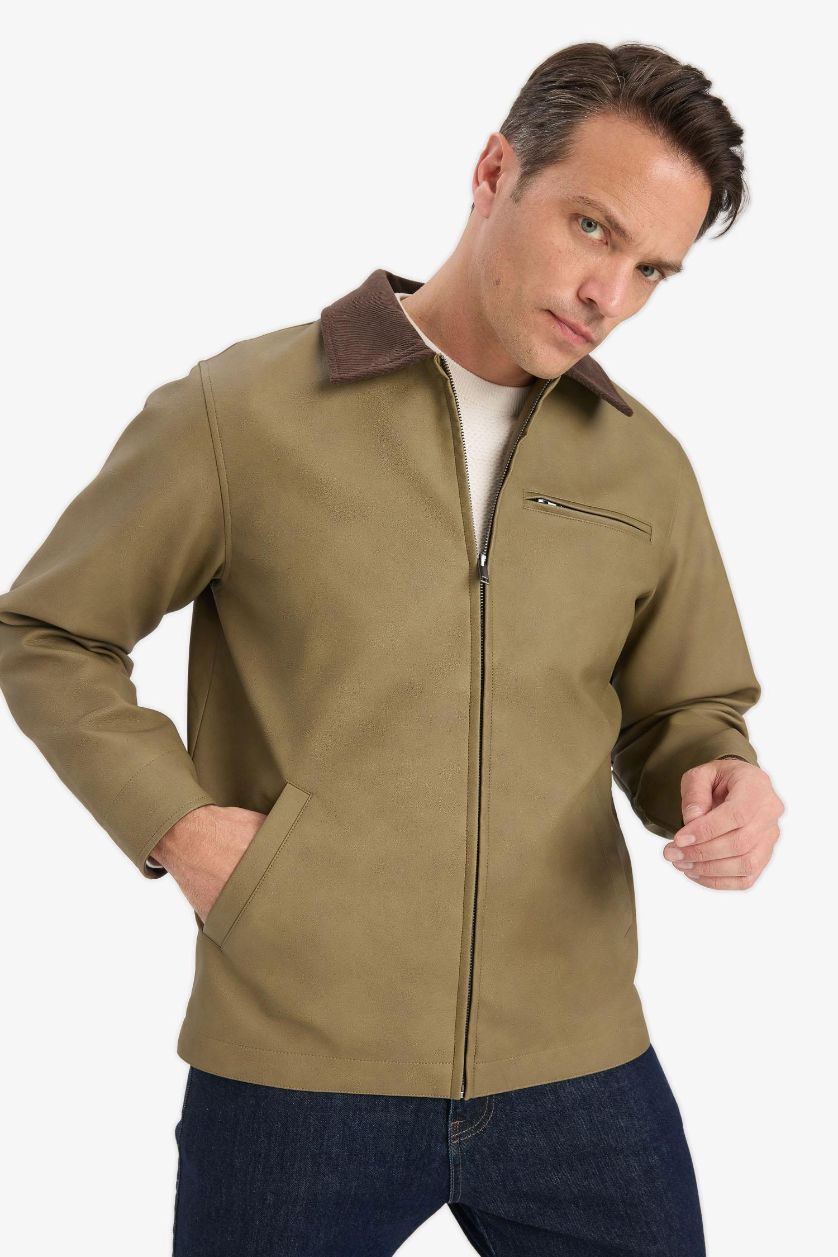 Man Khaki Regular Fit Faux Leather Zippered Jacket