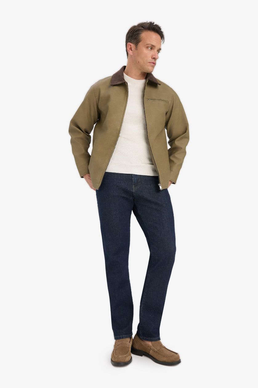 Man Khaki Regular Fit Faux Leather Zippered Jacket