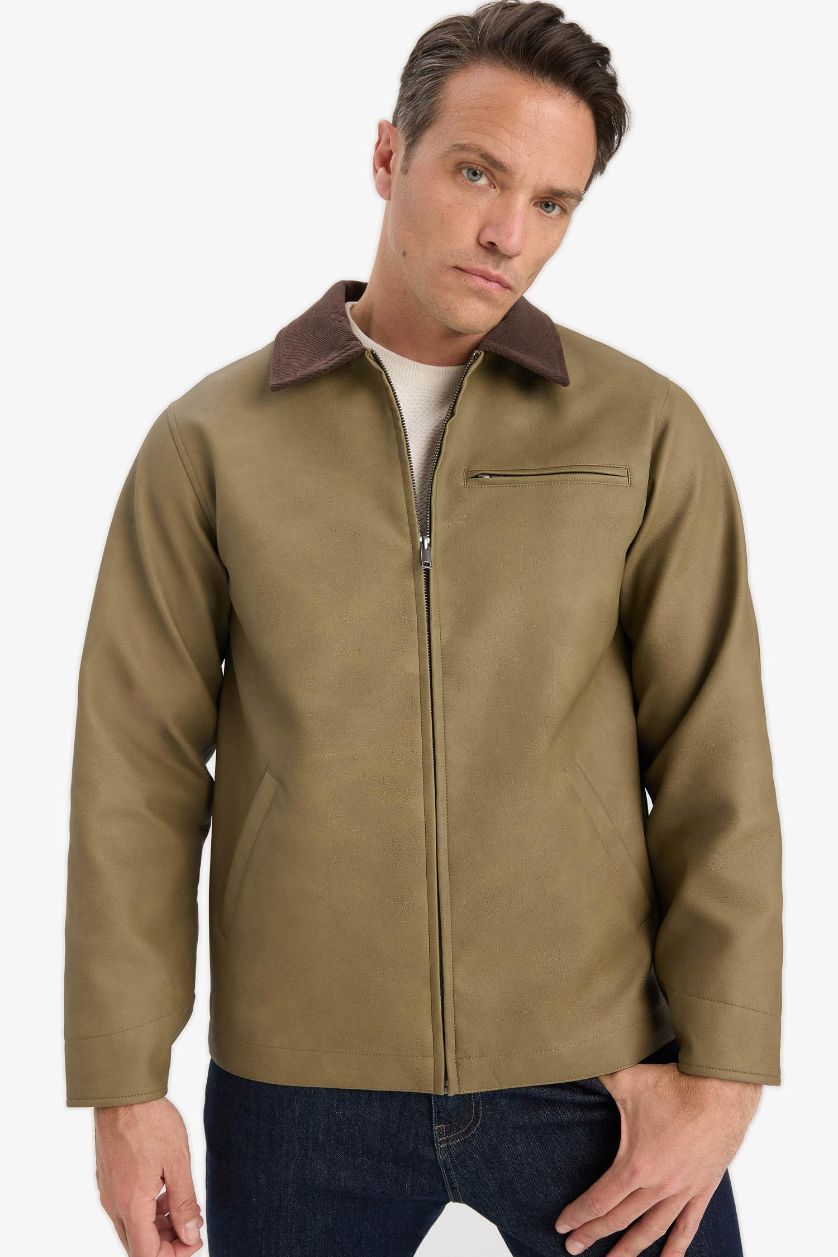 Man Khaki Regular Fit Faux Leather Zippered Jacket