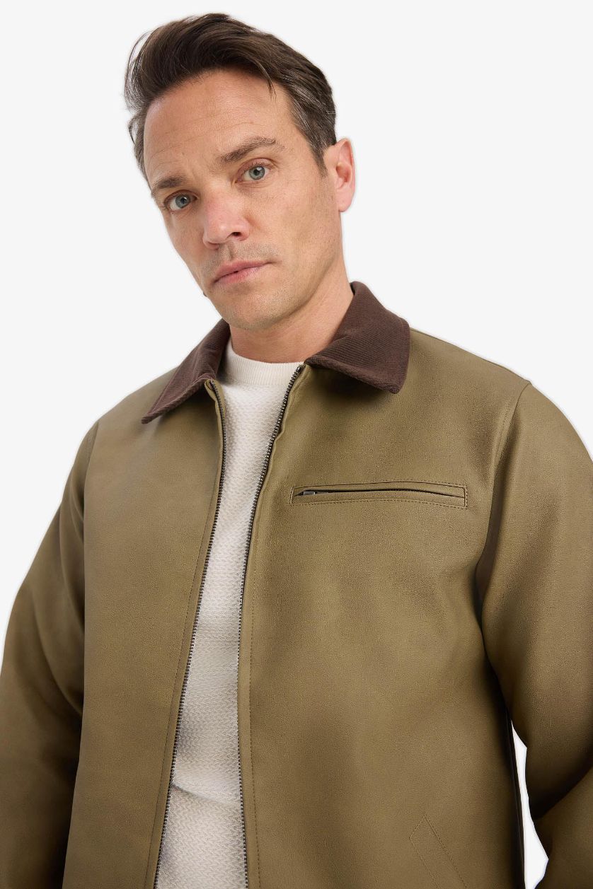 Man Khaki Regular Fit Faux Leather Zippered Jacket