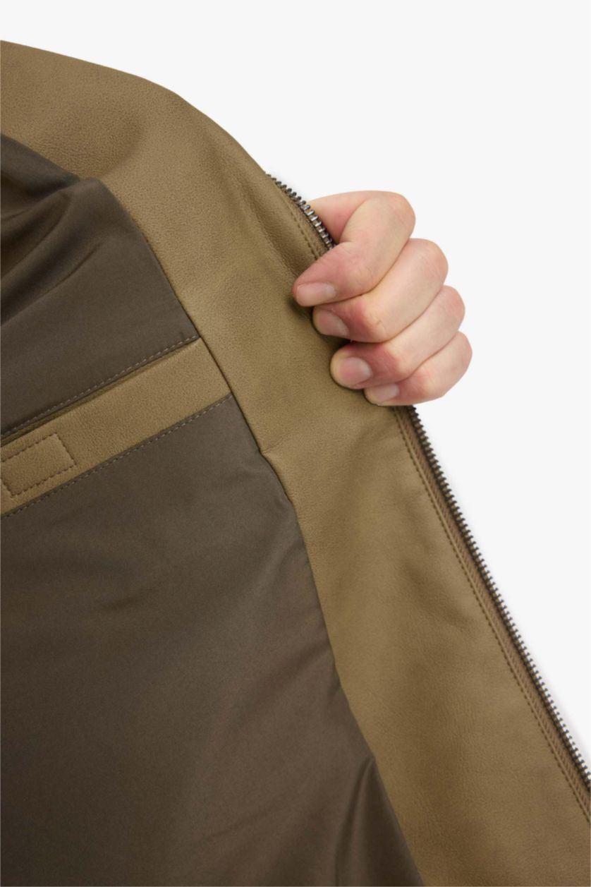 Man Khaki Regular Fit Faux Leather Zippered Jacket