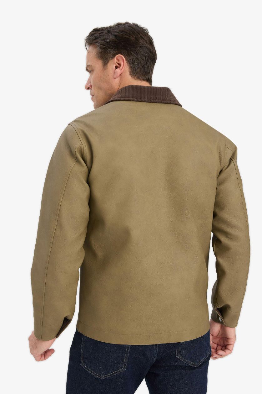 Man Khaki Regular Fit Faux Leather Zippered Jacket