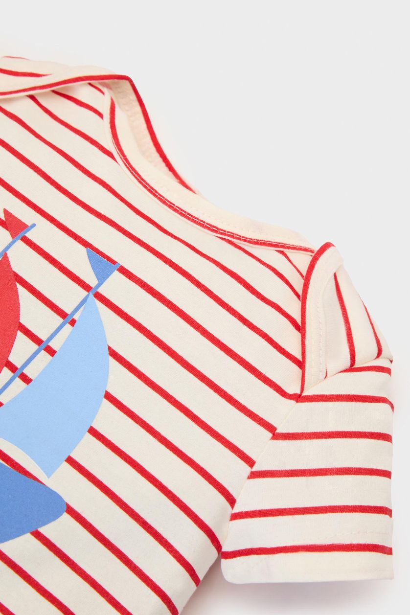 Erkek Bebek Ekru Çizgili Baskılı Penye Kısa Kollu Tulum Erkek Bebek Yenidoğan