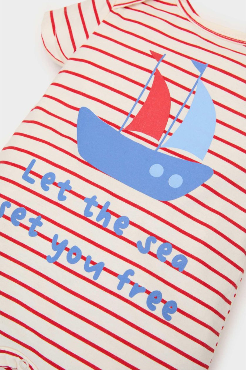 Erkek Bebek Ekru Çizgili Baskılı Penye Kısa Kollu Tulum Erkek Bebek Yenidoğan