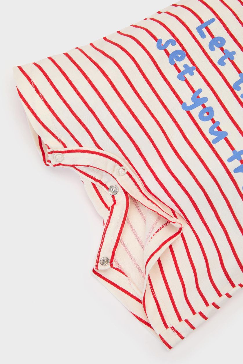 Erkek Bebek Ekru Çizgili Baskılı Penye Kısa Kollu Tulum Erkek Bebek Yenidoğan