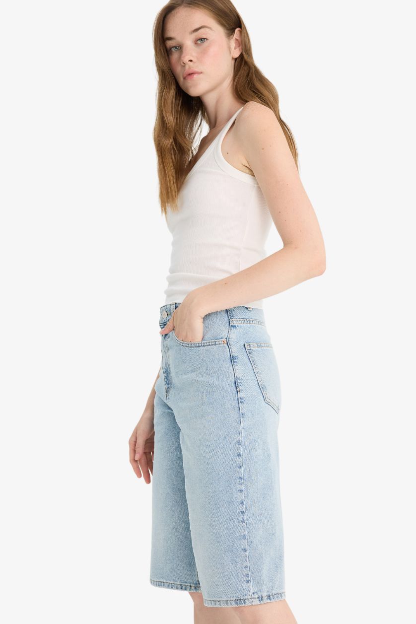 FEMME Indigo Clair Short Bermuda en jean taille haute