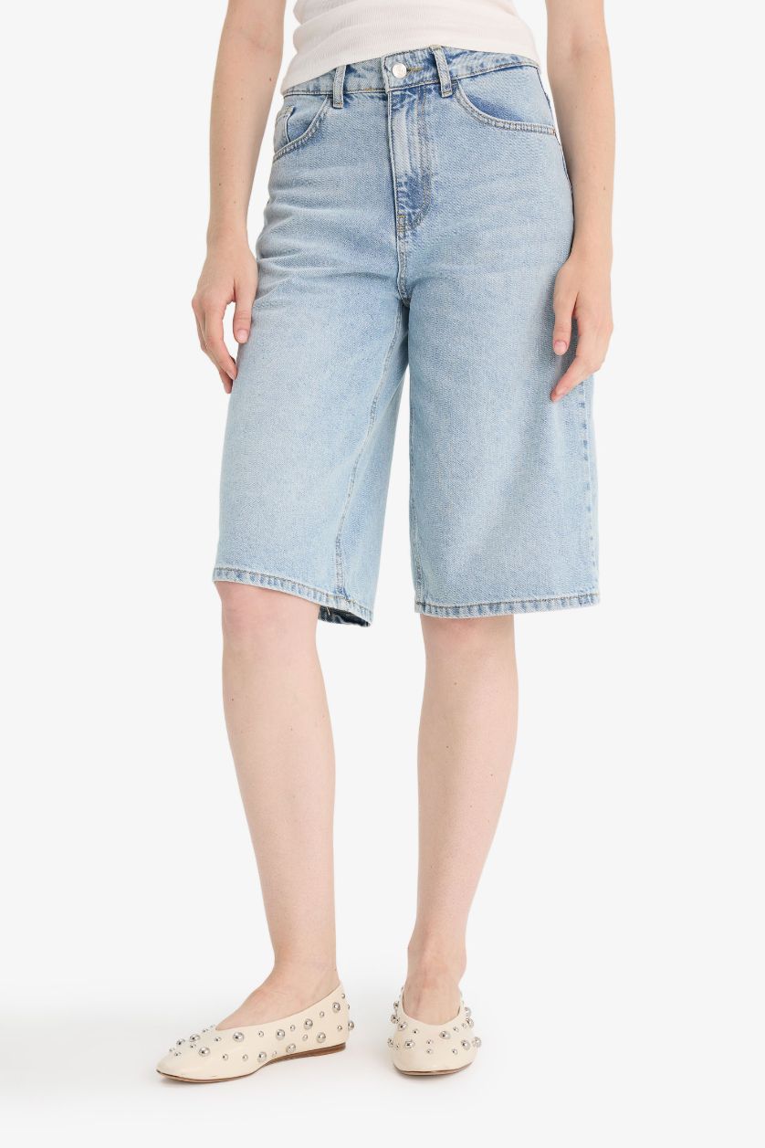 FEMME Indigo Clair Short Bermuda en jean taille haute