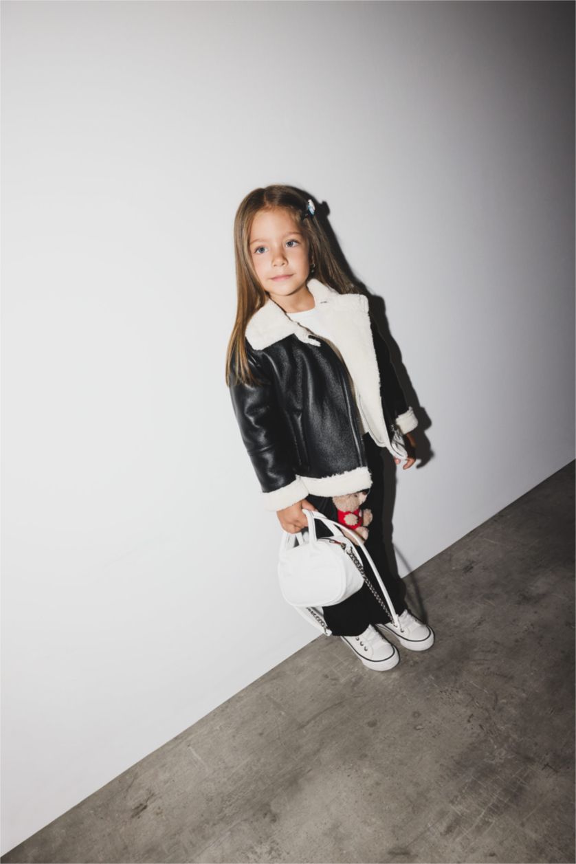 Kız Bebek Siyah Kız Bebek Rüzgar Geçirmez Su Geçirmez Gömlek Yaka Pelüş Astar Fermuarlı Cepli Suni Deri Mont