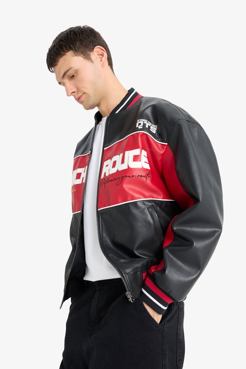 Erkek Siyah Oversize Geniş Kalıp Kolej Yaka Bomber Nakış Detaylı Fermuarlı Suni Deri İç Cepli Mont