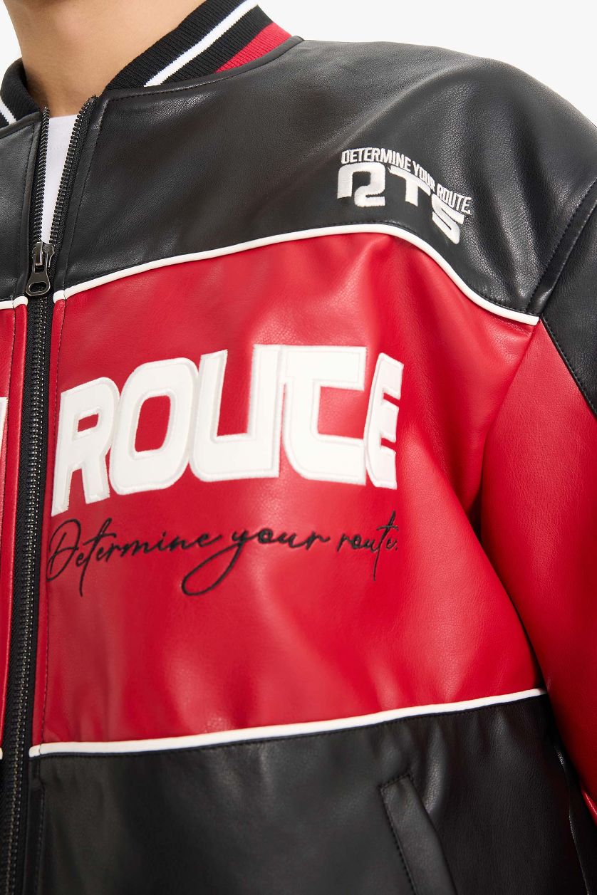 Erkek Siyah Oversize Geniş Kalıp Kolej Yaka Bomber Nakış Detaylı Fermuarlı Suni Deri İç Cepli Mont