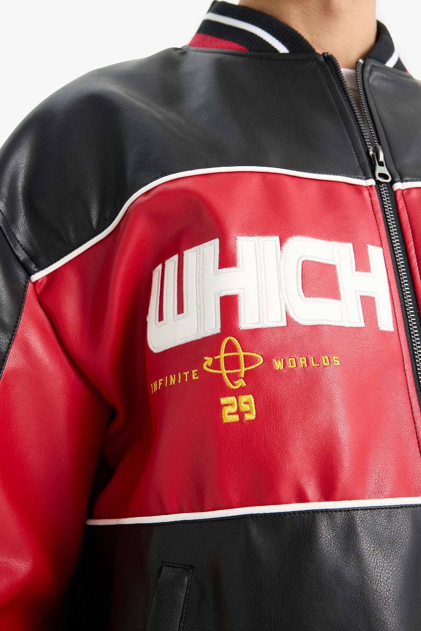 Erkek Siyah Oversize Geniş Kalıp Kolej Yaka Bomber Nakış Detaylı Fermuarlı Suni Deri İç Cepli Mont