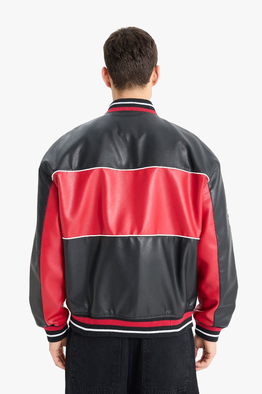 Erkek Siyah Oversize Geniş Kalıp Kolej Yaka Bomber Nakış Detaylı Fermuarlı Suni Deri İç Cepli Mont