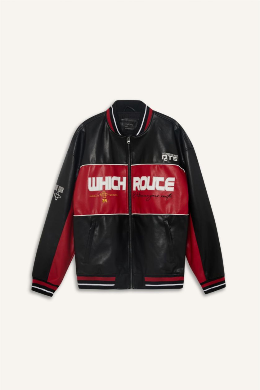 Erkek Siyah Oversize Geniş Kalıp Kolej Yaka Bomber Nakış Detaylı Fermuarlı Suni Deri İç Cepli Mont