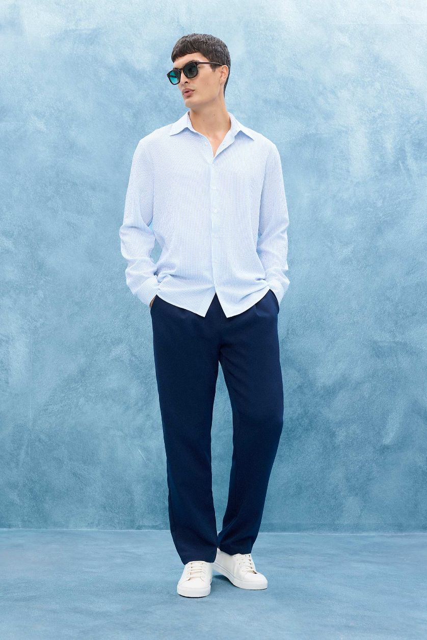 رجال أزرق قميص ردن طويل مخطط ردن طويل مودرن فيت