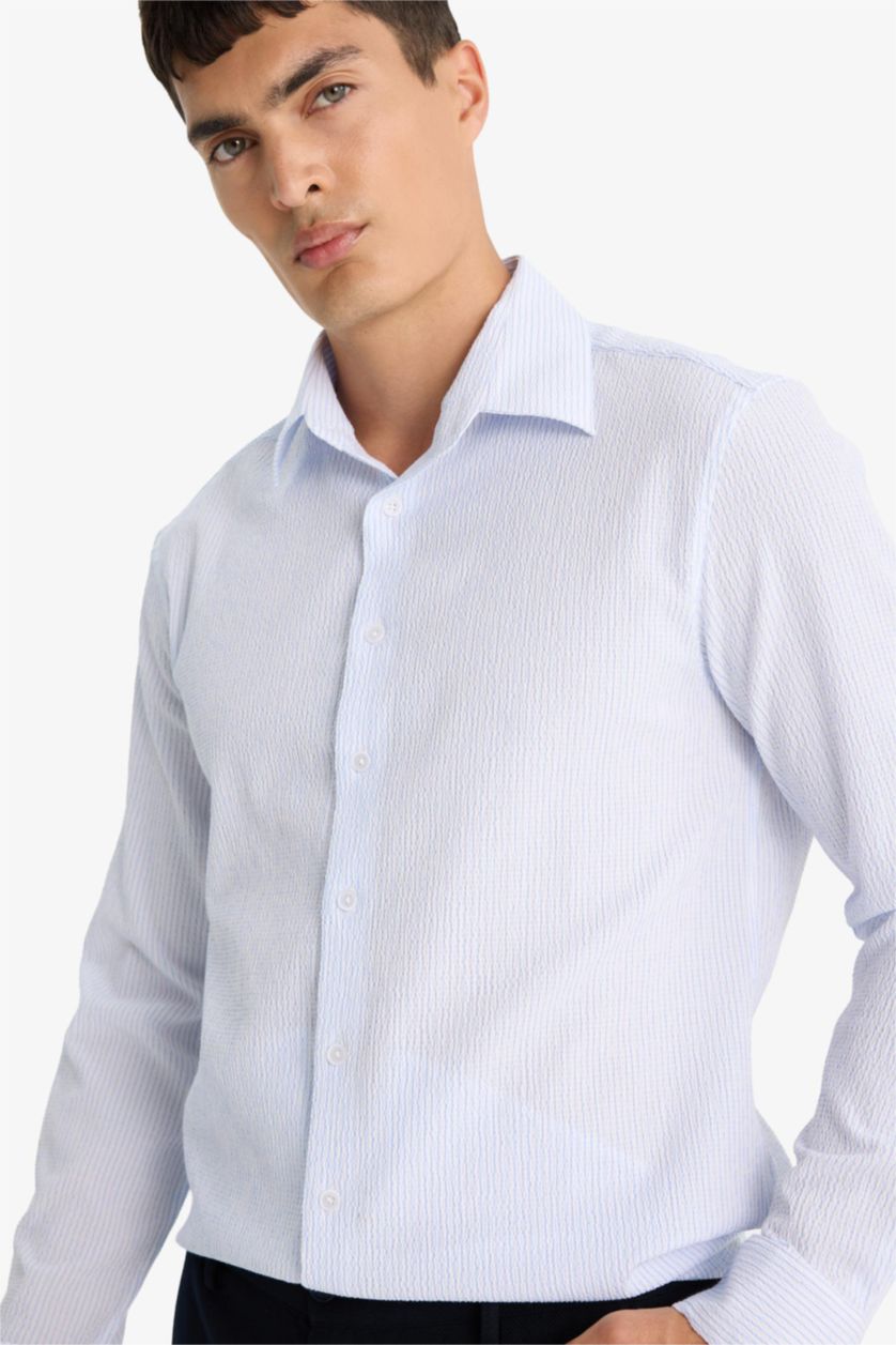 رجال أزرق قميص ردن طويل مخطط ردن طويل مودرن فيت