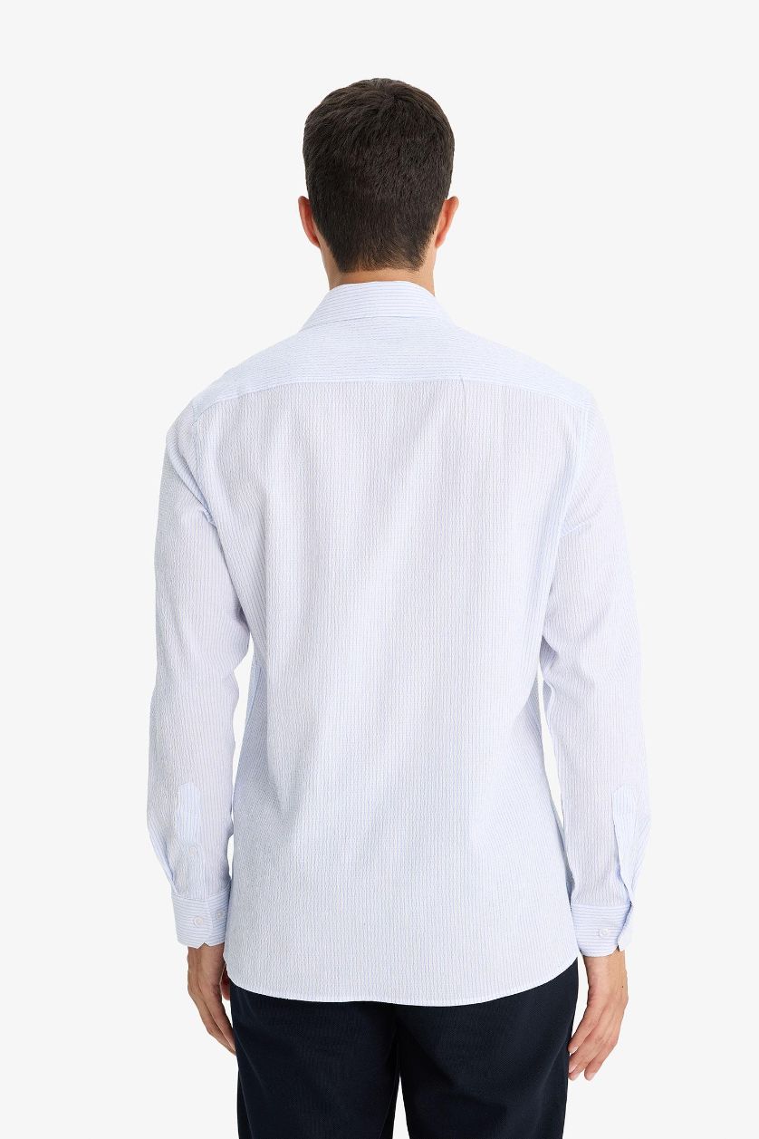 رجال أزرق قميص ردن طويل مخطط ردن طويل مودرن فيت