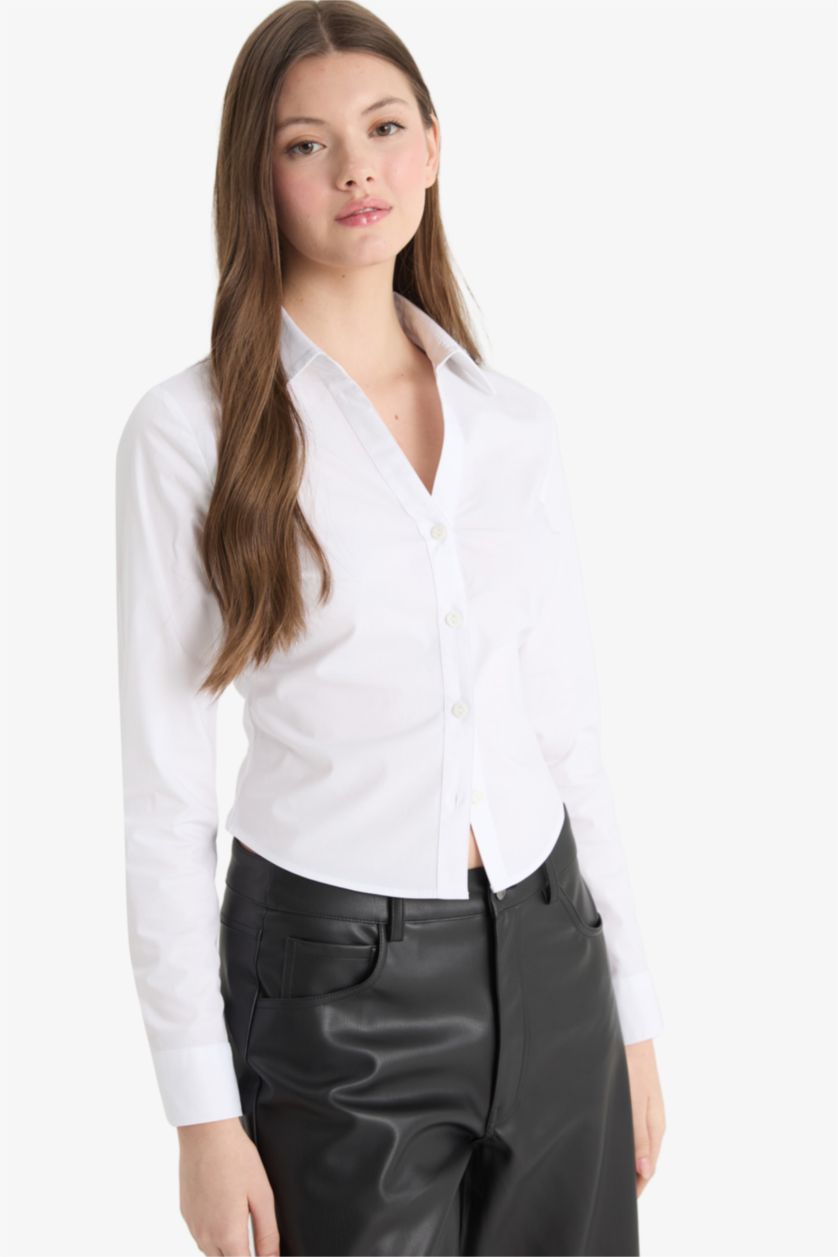 FEMME Blanc Chemise ajustée en bengaline à manches longues