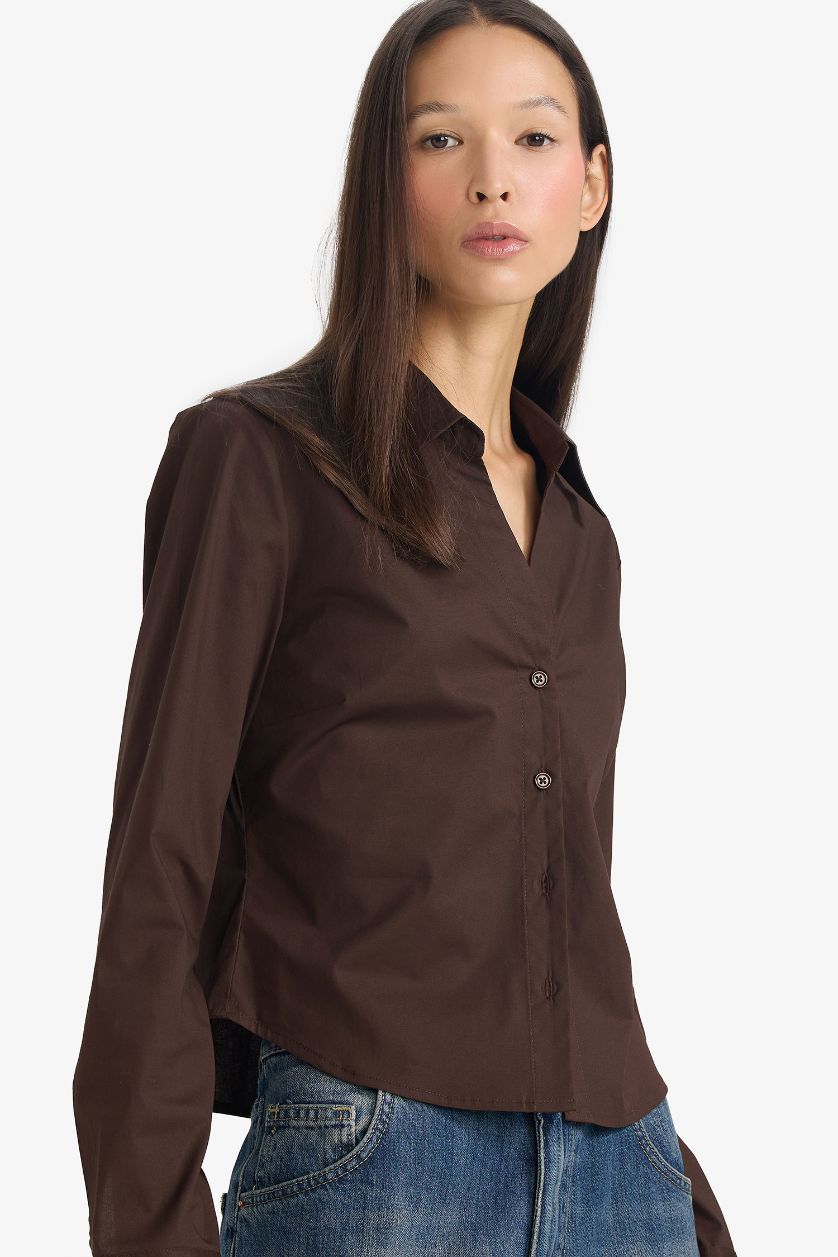 WOMAN Brown Slim Fit Shirt Collar Long Sleeve Shirt
