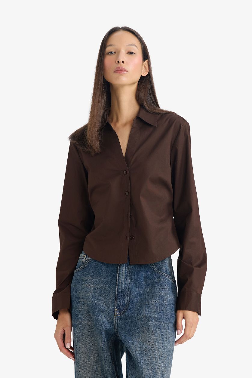 WOMAN Brown Slim Fit Shirt Collar Long Sleeve Shirt