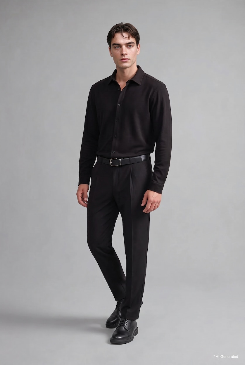 HOMME Noir Chemise basic en jersey à manches longues à col polo Coupe slim
